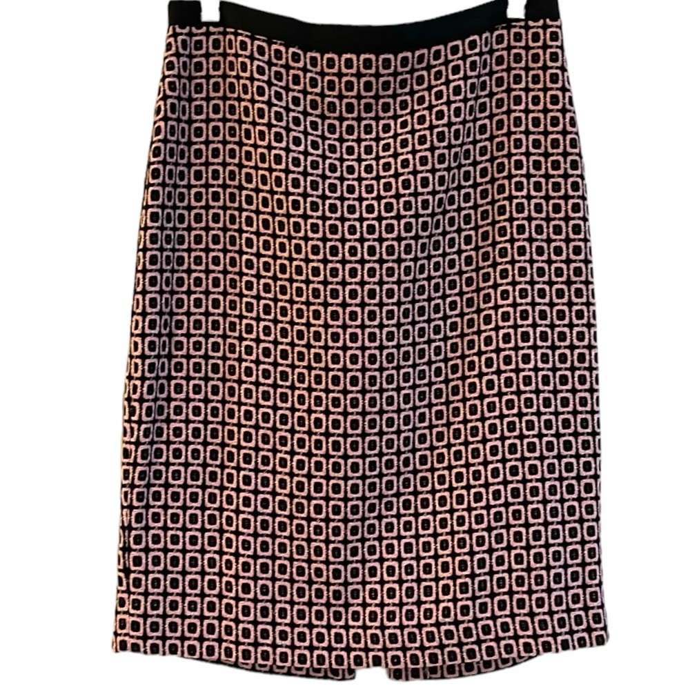 TALBOTS WOOL BLEND TWEED GEOMETRIC SQUARE PATTERN MIDI SKIRT PINK BLACK SIZE 8